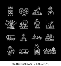 Oil, white line icons. Petroleum industry symbols, extraction and processing. industrial and energy themes. Symbols on black background. Editable stroke.