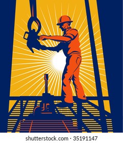 Oil Worker At Worker On An Oil Well With Sunburst In The Background