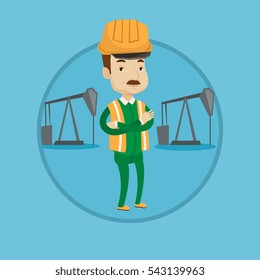 Oil worker in uniform and helmet. Cnfident oil worker standing with crossed arms. Oil worker standing on background of pump jack. Vector flat design illustration in the circle isolated on background.