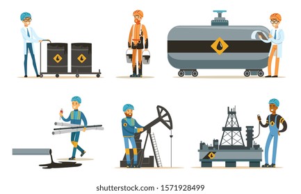 Oil workers in a bathrobe and uniform. Set of vector illustrations.