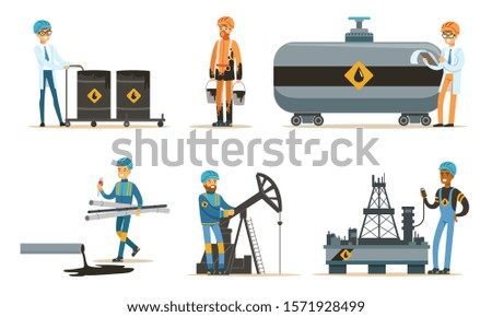 Oil workers in a bathrobe and uniform. Set of vector illustrations.