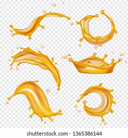 Oil yellow splashes. Golden liquids and drops vector realistic template. Oil liquid, splash drop flowing, wave transparent amber flow illustration