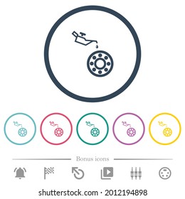 Cubierta de aceitunas y rodamientos de iconos de color plano en contornos redondos. 6 iconos de bonificación incluidos.