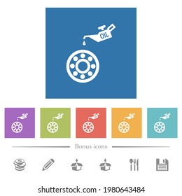 La lata de aceite y los cojinetes de iconos blancos planos en fondo cuadrado. 6 iconos de bonificación incluidos.