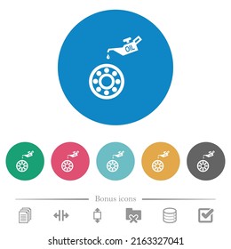 La lata de aceitunas y los iconos blancos planos sobre fondo de color redondo. 6 iconos de bonificación incluidos.