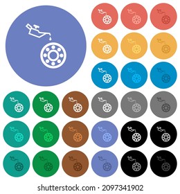 Oiler can and bearings multi colored flat icons on round backgrounds. Included white, light and dark icon variations for hover and active status effects, and bonus shades.