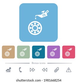 Cubierta de aceite y cojinetes de iconos planos blancos sobre fondo cuadrado redondeado de color. 6 iconos de bonificación incluidos