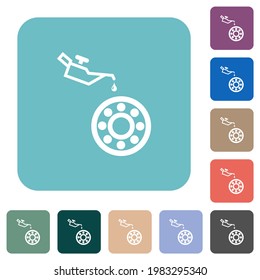 Cubierta de aceite y rodamientos iconos planos blancos sobre fondo cuadrado redondeado de color
