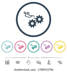 Los iconos de color plano en contornos redondos se muestran en latas de aceite y se miden en contornos redondos. 6 iconos de bonificación incluidos.