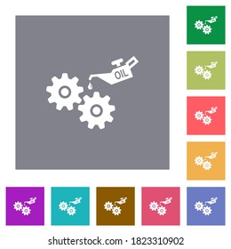 Láminas de aceite y engranajes iconos planos en fondo cuadrado de color sencillo
