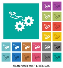 Oiler can and gears multi colored flat icons on plain square backgrounds. Included white and darker icon variations for hover or active effects.