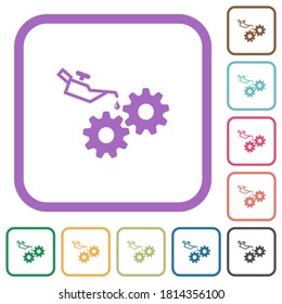 Oiler can and gears simple icons in color rounded square frames on white background