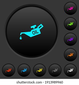 Botones opresivos oscuros de acedera con iconos de colores vivos en fondo gris oscuro