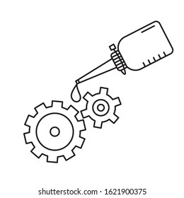 Oiler with dripping drop of oil lubricating two spinning gears. Linear icon of motor oil. Black simple illustration. Contour isolated vector image on white background. Bottle grease mechanism