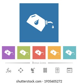 Aceite con aceite suelta iconos blancos planos en fondo cuadrado. 6 iconos de bonificación incluidos.