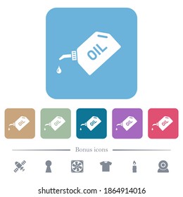 Aceite con aceite suelta iconos planos blancos sobre fondo cuadrado redondeado de color. 6 iconos de bonificación incluidos