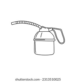 Oiler vector icon. Black outline of the lubricator. Line art of an oil pistol. Container for storing machine oil. Isolated illustration on a white background. Doodle hand drawn stroke