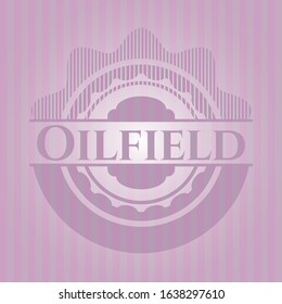 Oilfield badge with pink background. Vector Illustration. Detailed.
