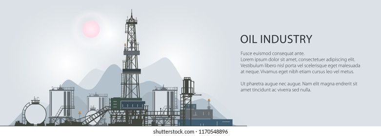 Oilfield Banner, Drilling Oil or Natural Gas Rig with Outbuildings and Tanks and Cisterns, Poster Brochure Flyer Design, Vector Illustration