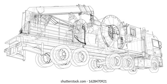 Oilfield coiled tubing equipment. Coiled tubing reel on a trailer. wire-frame. The layers of visible and invisible lines are separated. EPS10 format. Wire-frame.