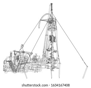 Oilfield coiled tubing equipment. Coiled tubing reel on a trailer. The layers of visible and invisible lines are separated.