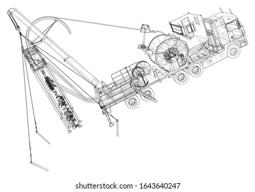 Oilfield coiled tubing equipment. Coiled tubing reel on a trailer. The layers of visible and invisible lines are separated.