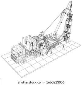 Oilfield coiled tubing equipment. Coiled tubing reel on a trailer. The layers of visible and invisible lines are separated.