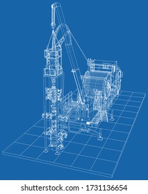 Oilfield coiled tubing equipment. Coiled tubing reel on a trailer. The layers of visible and invisible lines are separated.