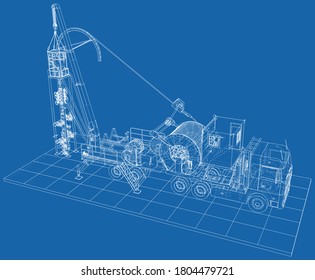 Oilfield coiled tubing equipment. Coiled tubing reel on a trailer. The layers of visible and invisible lines are separated.