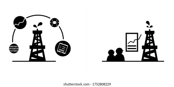 Oilfield Digitalization Icon, Big Data Analytics, Internet Of Things And Production Monitoring Icon Set. Symbols Of Drilling Rigs With Digital Tools And Oil Workers. Crude Oil Drops Spouting From Rigs.