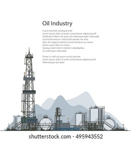 Campo de petróleo, perfuração de óleo ou gás natural plataforma com dependências e tanques e cisternas, design de folheto de cartazes, ilustração vetorial