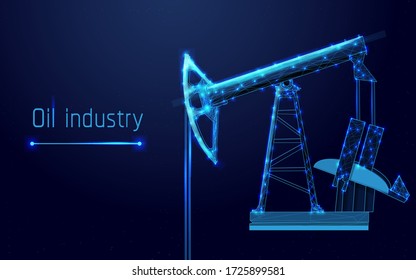 Oilfield equipment.Oil pump low poly wireframe art on blue background. . Oil rig. Industrial equipment. Polygonal illustration with connected dots and lines. 3D vector  ,mesh,plexsus