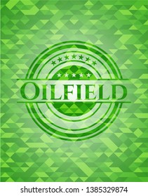 Oilfield realistic green emblem. Mosaic background. Vector Illustration. Detailed.