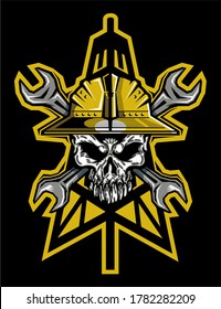 oilfield roughneck skull logo design with hard hat, oil rig and crossed wrenches