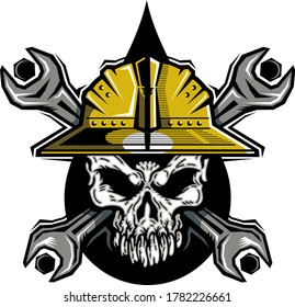 oilfield roughneck skull logo with hard hat and crossed wrenches