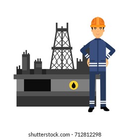 Oilman character in a blue uniform standing next to an oil rig drilling platform, oil industry extraction and refinery production