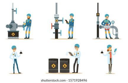 Oilman near the pipeline. Set of vector illustrations.