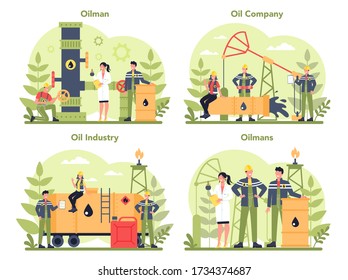 Oilman and petroleum industry concept set. Pump jack extracting crude oil from the bowels of the earth. Oil production and business. Isolated flat vector illustration