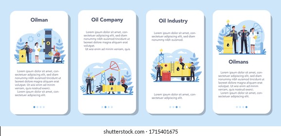 Oilman and petroleum industry mobile application banner set. Pump jack extracting crude oil from the bowels of the earth. Oil production and business. Isolated flat vector illustration