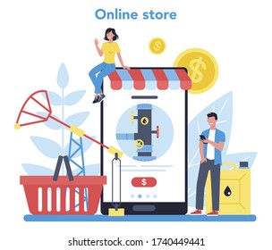 Oilman and petroleum industry online store. Pump jack extracting crude oil from the bowels of the earth. Oil production and business. Isolated flat vector illustration