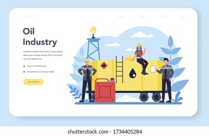 Oilman and petroleum industry web banner or landing page. Pump jack extracting crude oil from the bowels of the earth. Oil production and business. Isolated flat vector illustration