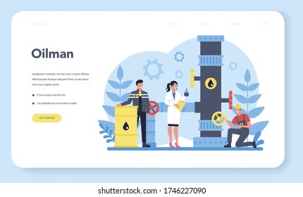 Oilman and petroleum industry web banner or landing page. Pump jack extracting crude oil from the bowels of the earth. Oil production and business. Isolated flat vector illustration