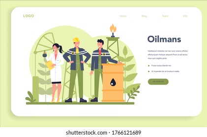 Oilman and petroleum industry web banner or landing page. Pump jack extracting crude oil from the bowels of the earth. Oil production and business. Isolated flat vector illustration