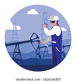 oilman worker on production line petrol refinery vector illustration design