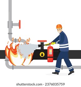 Oilman worker uses fire extinguisher to extinguish fire on pipeline. Industrial infrastructure isolated on white background. Oil refinery accident. Worker prevents explosion. Flat vector illustration