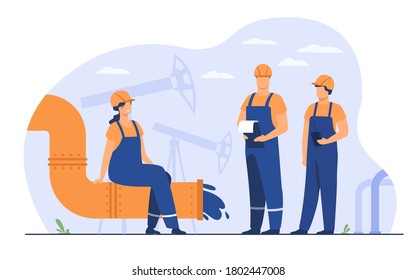 Oilmen and engineers on production line or pipe of petroleum refinery flat vector illustration. Cartoon people working on pipeline. Oil and gas industry concept