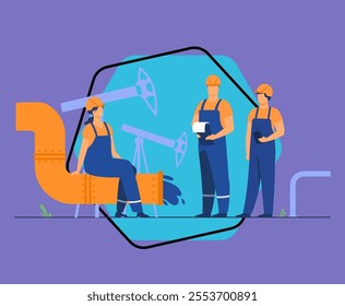 Oilmen and engineers on production line or pipe of petroleum refinery flat vector illustration. Cartoon people working on pipeline. Oil and gas industry concept