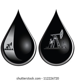 Oil-producing pumps in a drop of oil. Vector illustration.