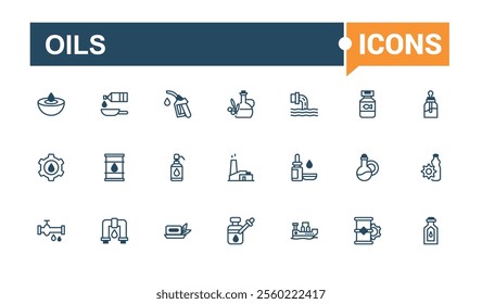 Oils vector line icon set. Icon aroma, gas, product, pump, plant, drill, fuel, petrol. Icons for UI. Editable vector outline and solid icons.