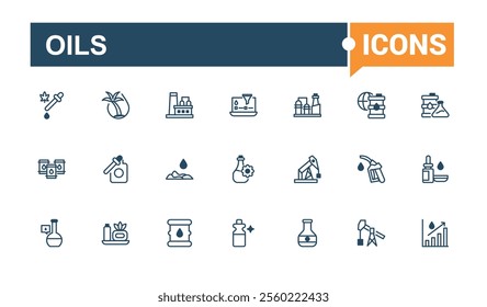 Oils vector line icon set. Icon aroma, gas, product, pump, plant, drill, fuel, petrol. Icons for UI. Editable vector outline and solid icons.